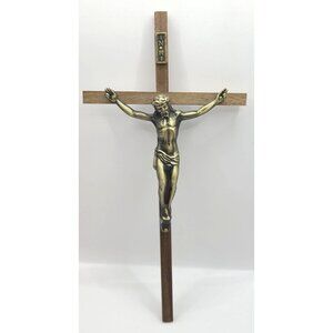 Vtg Wooden Wall Crucifix Brass Jesus Figure & INRI Plaque Religious Home Décor
